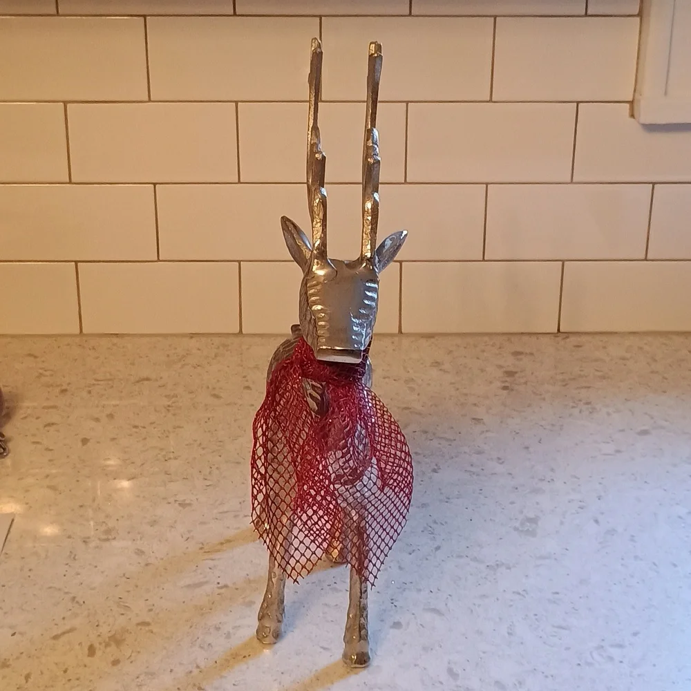 Pier 1; 14 Inch Silver Metal Reindeer Figurine & Red Scarf And Felt Pads On 🐾